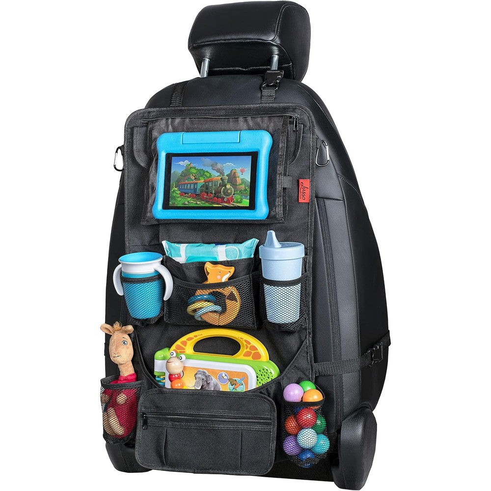 Lusso Gear Backseat Car Organizer front view showing empty storage pockets and tablet holder