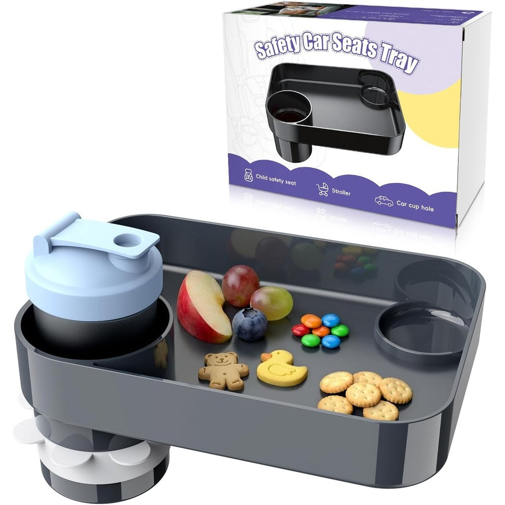 FIDOPOKK car seat snack tray front view showing square compartment and built-in cup holder slot