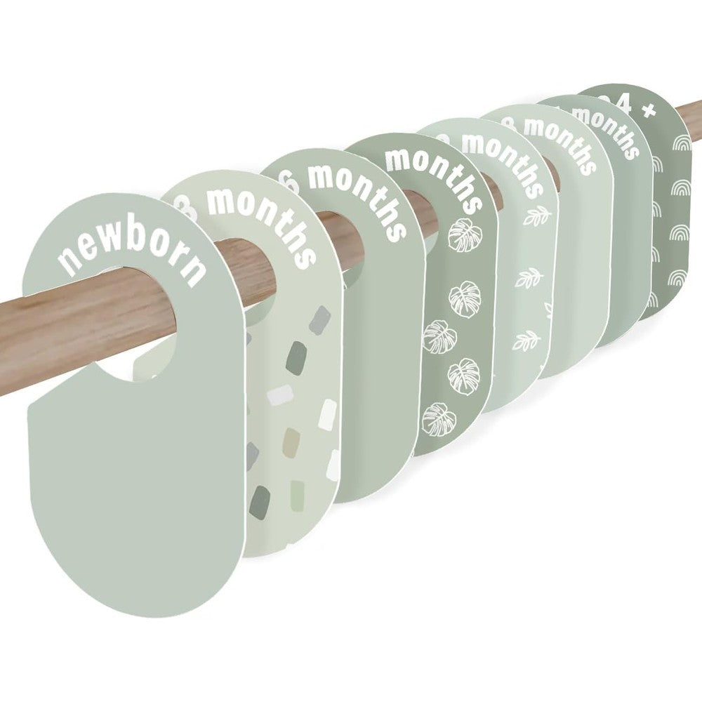 Eoscasely baby closet dividers eight pack front view showcasing green leaf botanical nursery organizer design.
