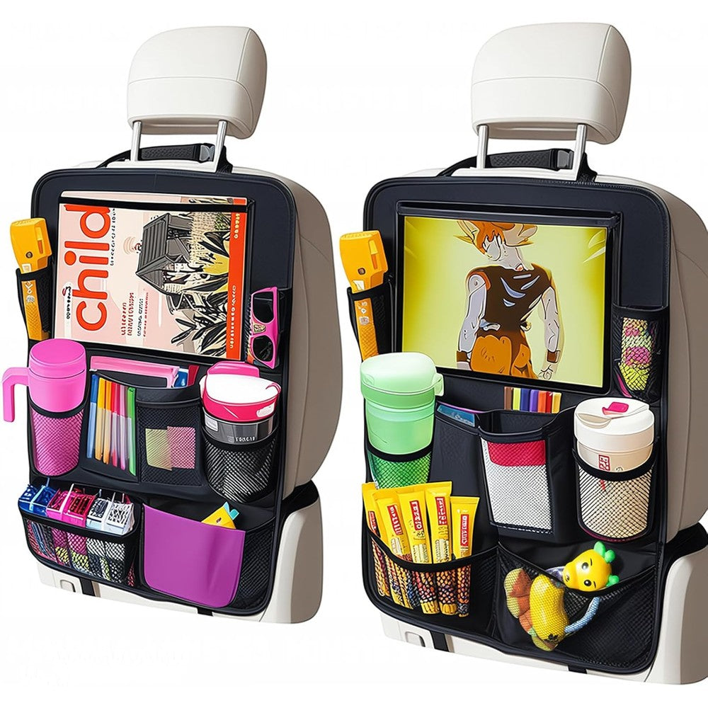 AXELECT Car Organizer Back Seat Protector front view showing ten storage pockets and tablet holder.