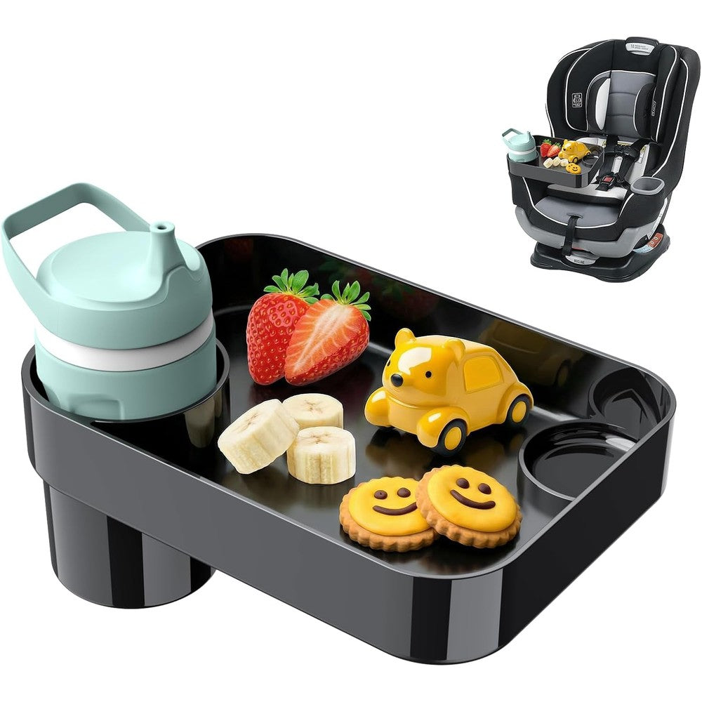 Doknaam car seat snack tray front view showing the square food compartment and integrated cup holder