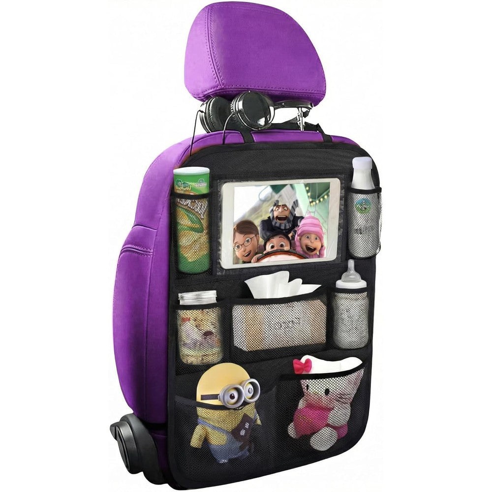 ONE PIX backseat car organizer front view showing eight storage pockets filled with toys and bottles.