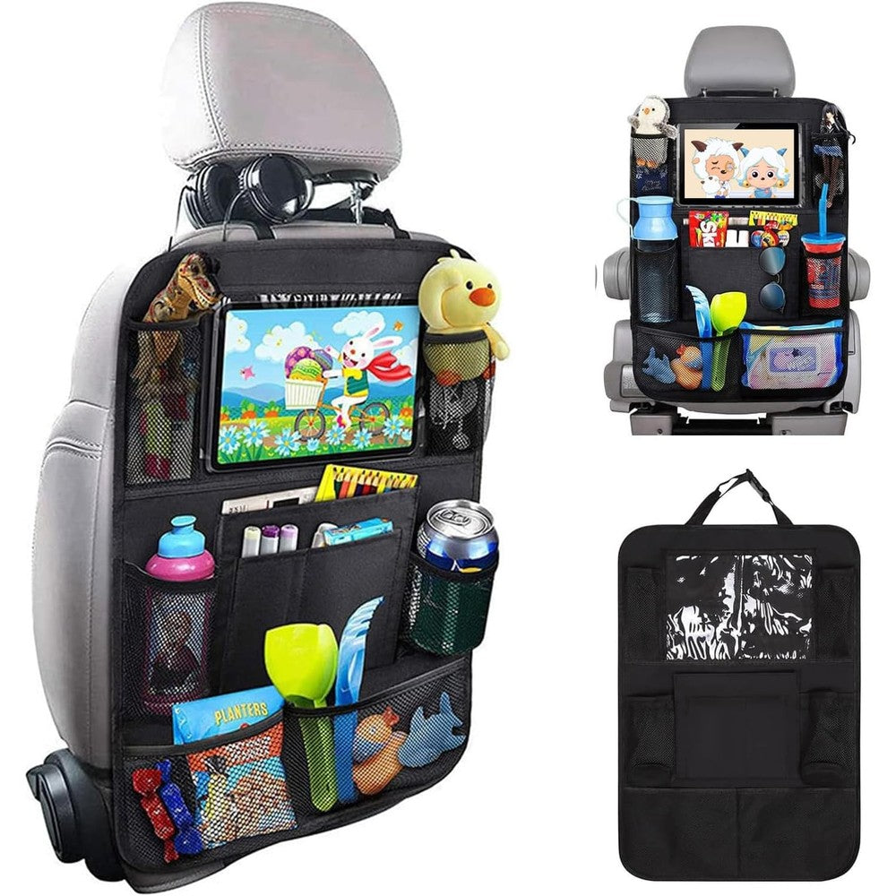 Matenf Car Backseat Organizer front view showcasing nine storage pockets filled with travel essentials.