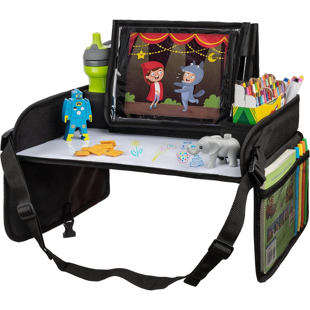 Lusso Gear Kids Travel Car Seat Tray front view showcasing the black dry erase lap desk surface.