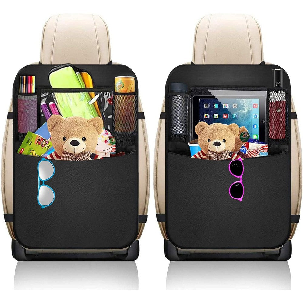Blyphoo premium backseat organizer two pack front view installed in car showing tablet holder.
