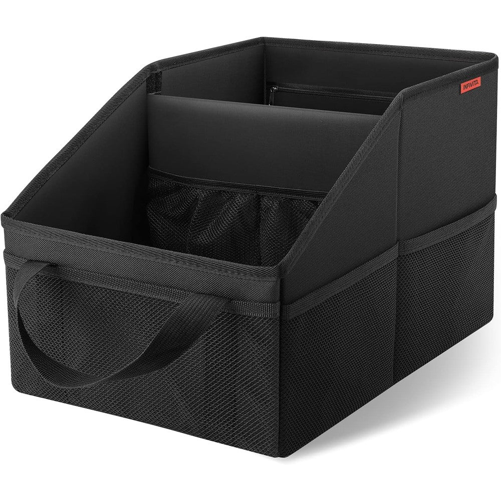 INFIVITA Car Organizer front view resting securely on a black fabric front passenger seat