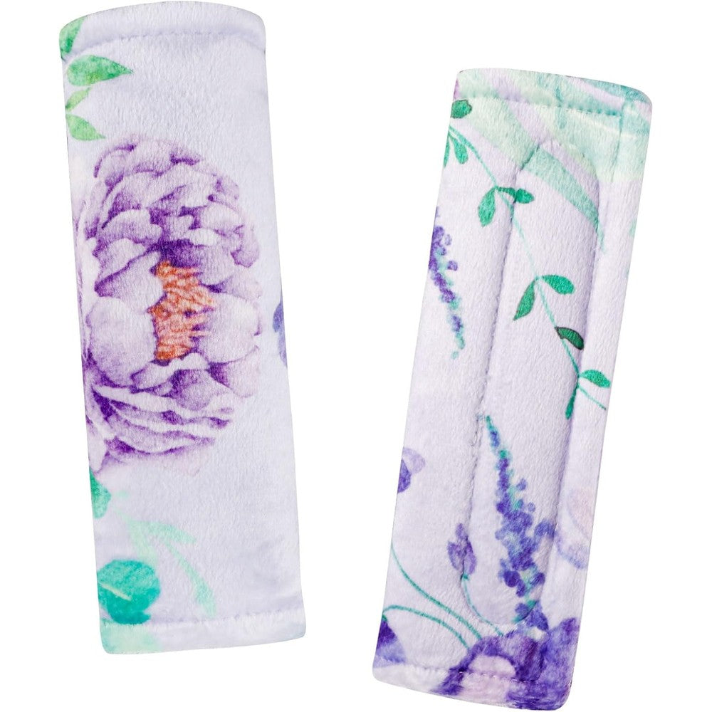 Caruili car seat strap covers with purple flower pattern front view