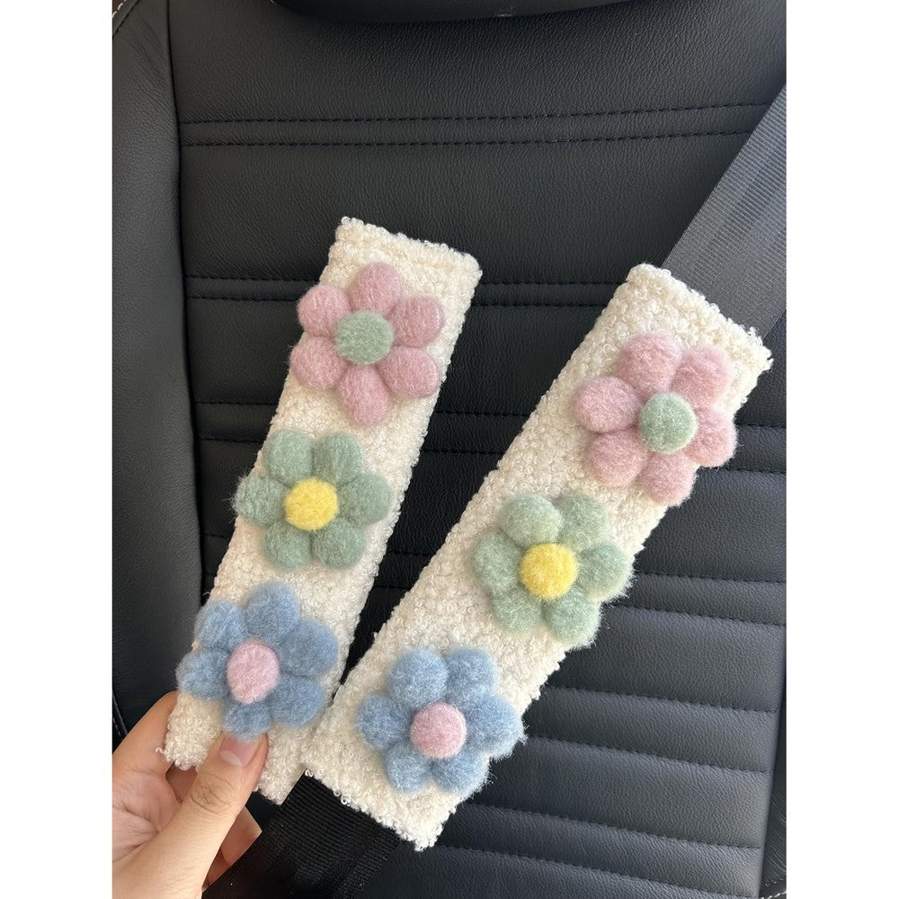 Bntr car seat belt cover set featuring cute plush flower design