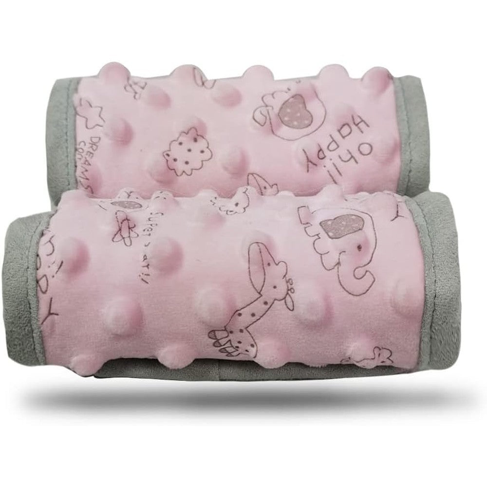 Dodo Nici baby car seat strap cover in pink dotted minky fabric