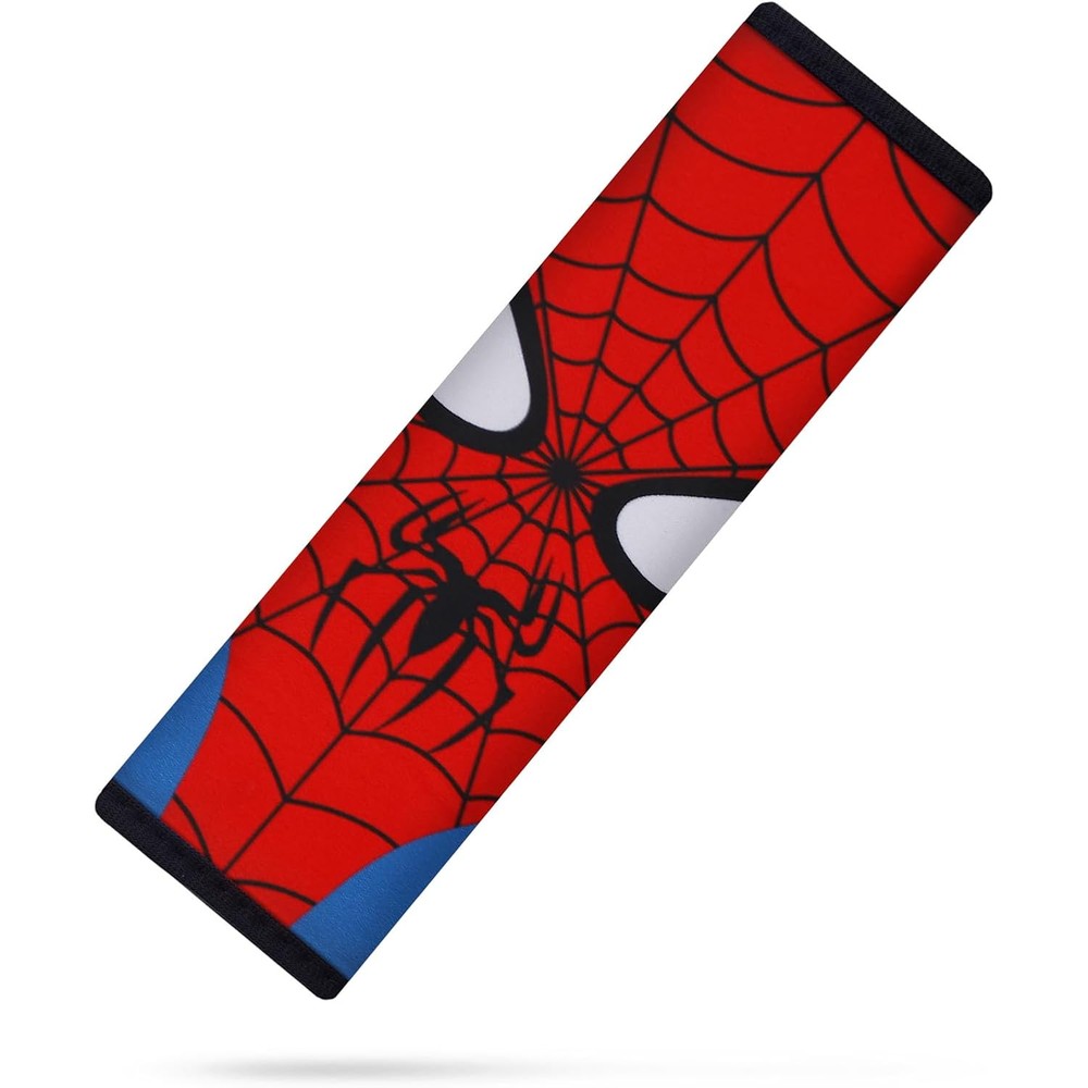 YR Kids Car Seat Belt Cover front view featuring a cute red and blue cartoon spider pattern.