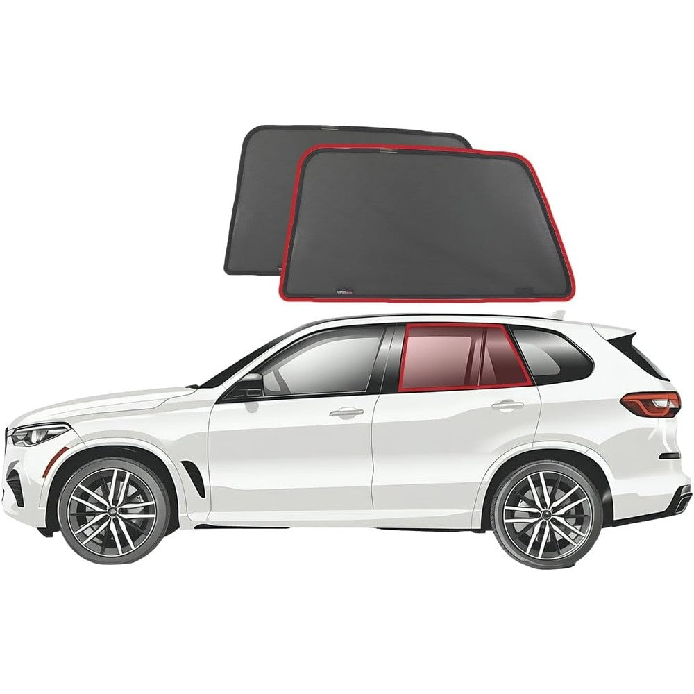 Snap Shades BMW X5 rear window shades installed on a luxury vehicle door showing custom fit protection.