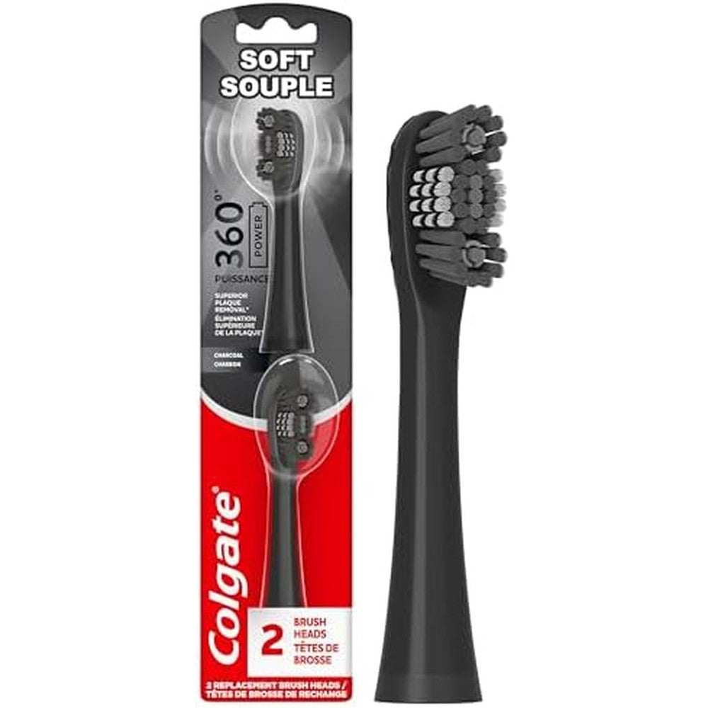 Colgate 360 Power Charcoal Replacement Toothbrush Heads 2 pack front view showing packaging