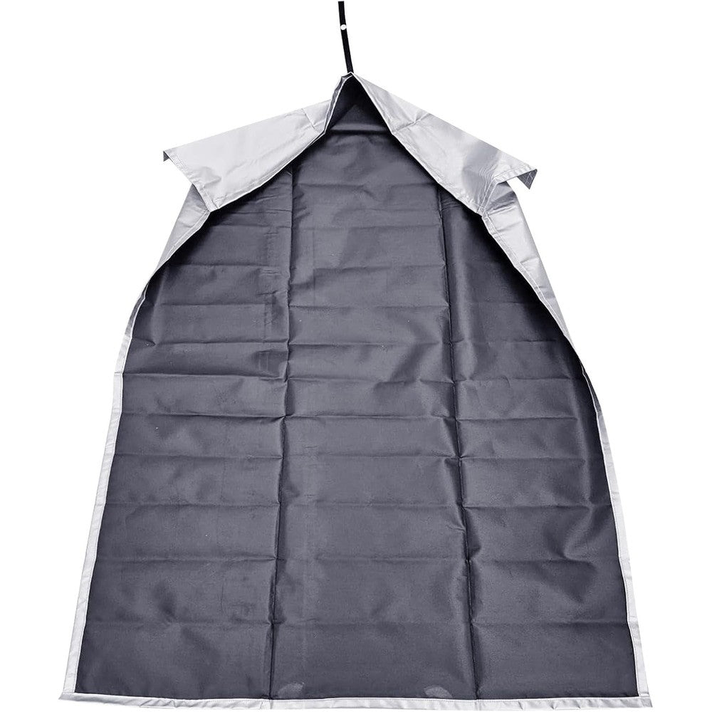 Genérico car seat sunshade front view showing reflective silver fabric shield over a parked baby seat