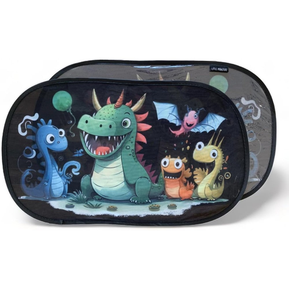 Moly Magnolia Little Monsterz car side window sun shade front view showing cute dragon design pack of two