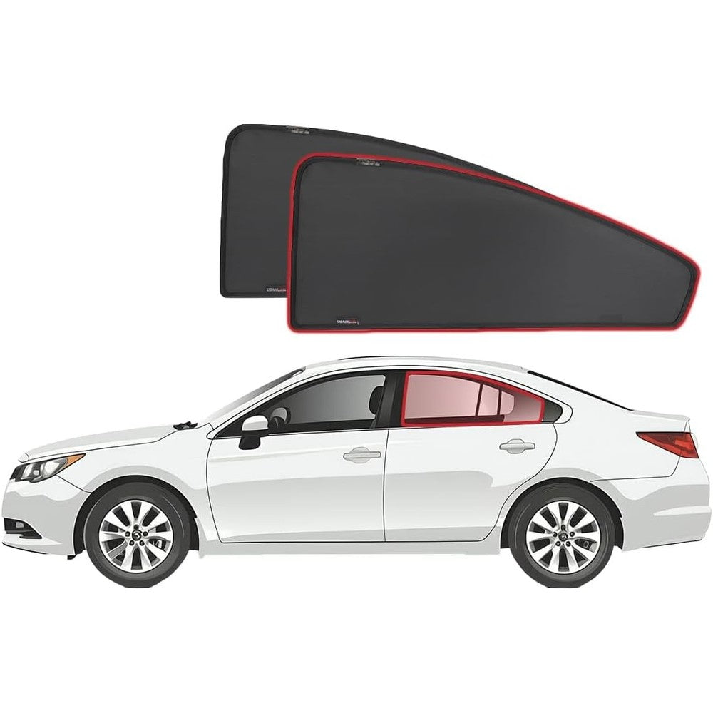 Snap Shades Subaru Liberty Sedan rear window sunshades front view installed on car door