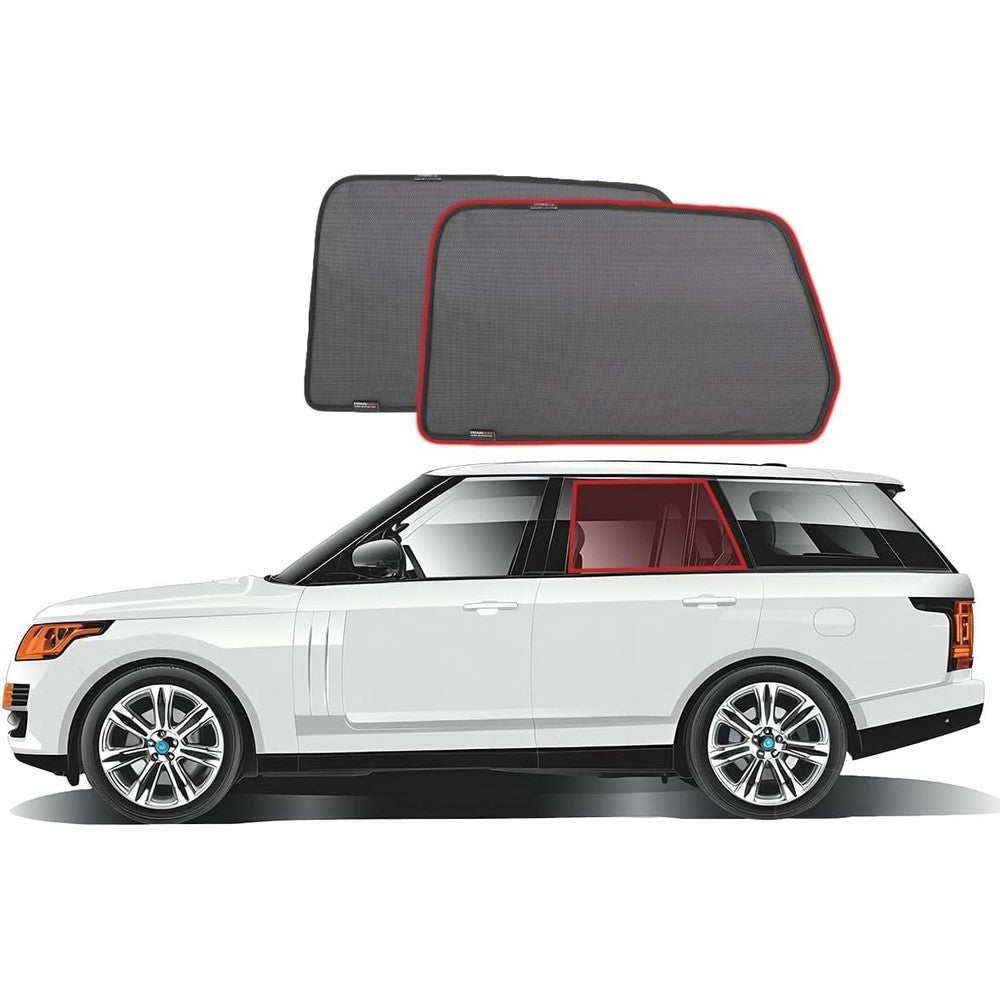 Snap Shades for Land Rover Range Rover L405 front view magnetic car sunshades showing custom fit mesh.