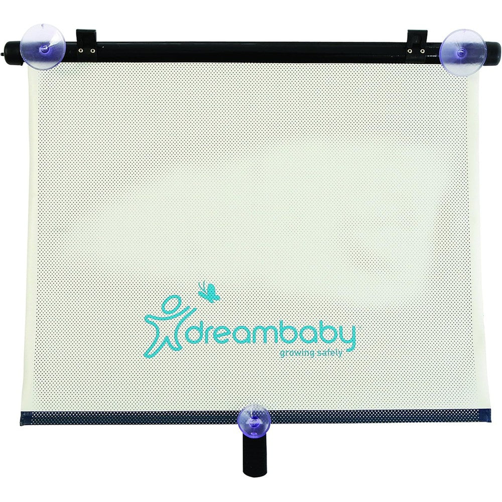 Dreambaby Wide Car Window Shade front view attached to an SUV window blocking the sun.