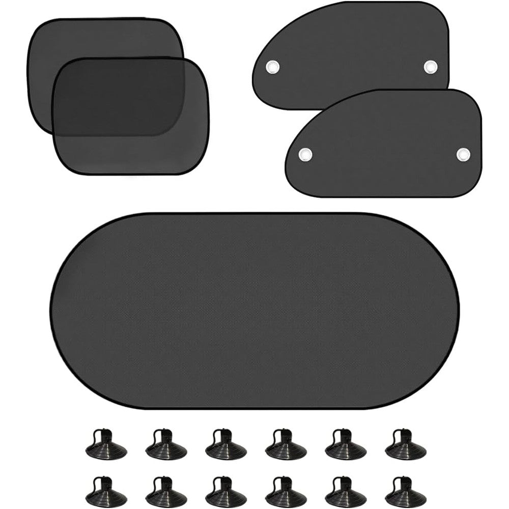 Dickno five piece car window sun shade set front view blocking sunlight on a vehicle window glass