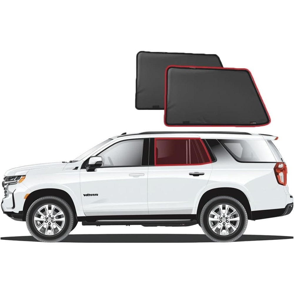 Snap Shades Chevrolet Tahoe rear window sunshades front view installed on passenger door.