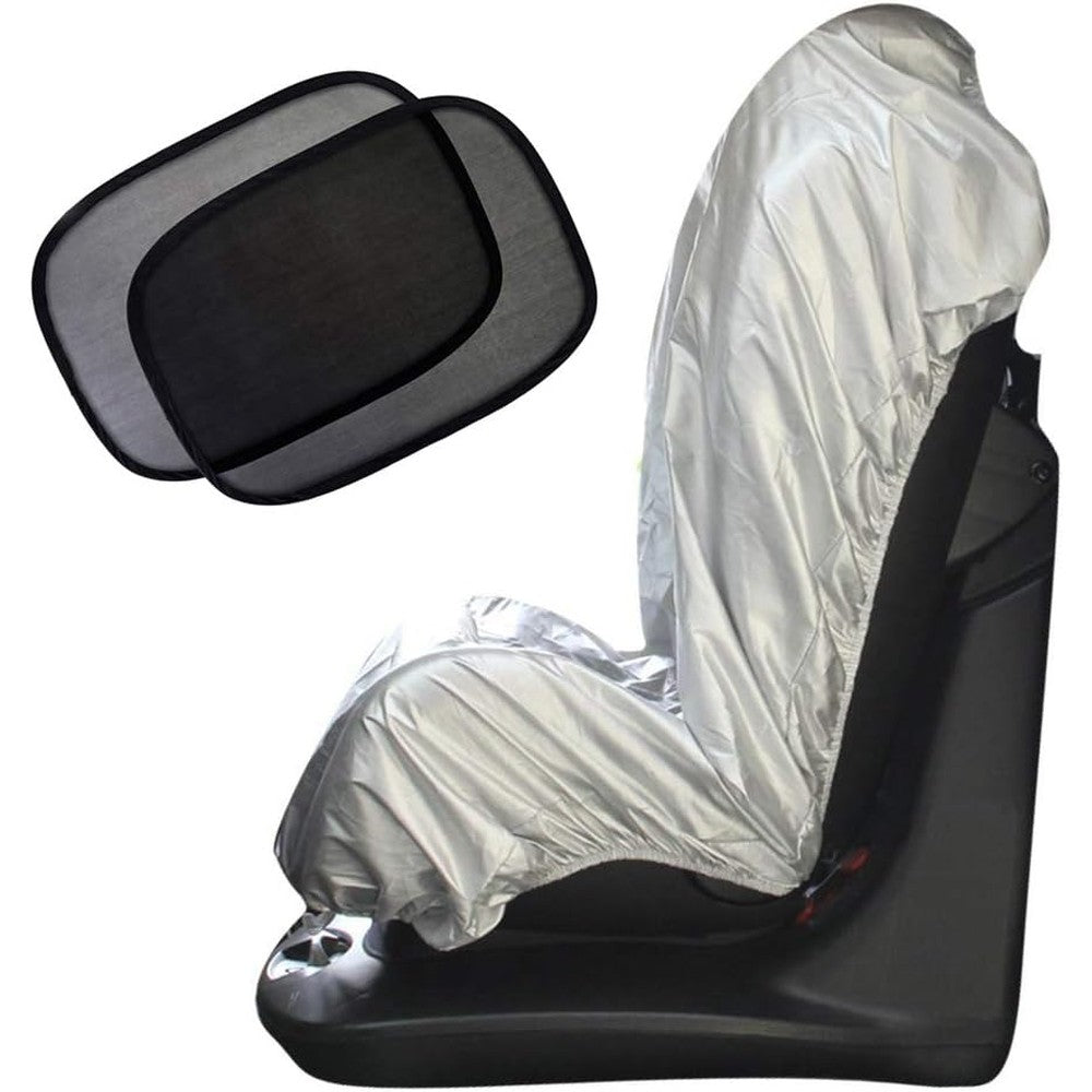Big Ant Car Seat Sun Shade Cover front view of reflective silver cooling system on empty safety seat