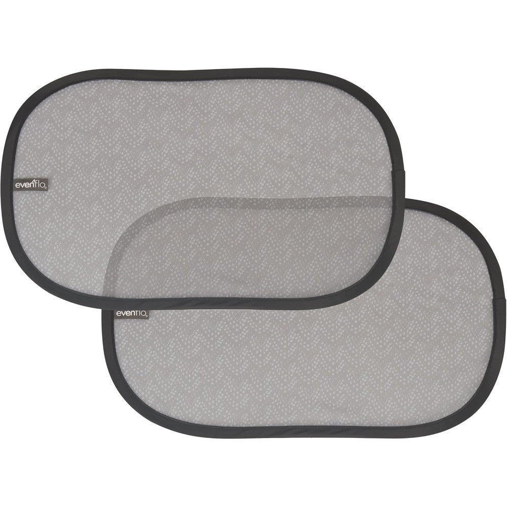 Evenflo car window cling shades front view showing the stylish grey chevron pattern packaging.