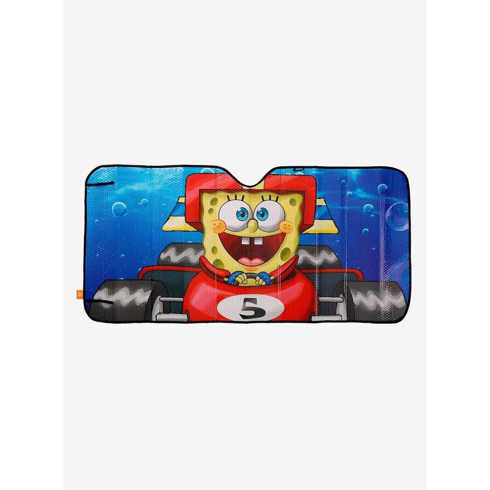 BoxLunch SpongeBob SquarePants Racecar Windshield Sunshade front view displaying the vibrant cartoon print inside a car.