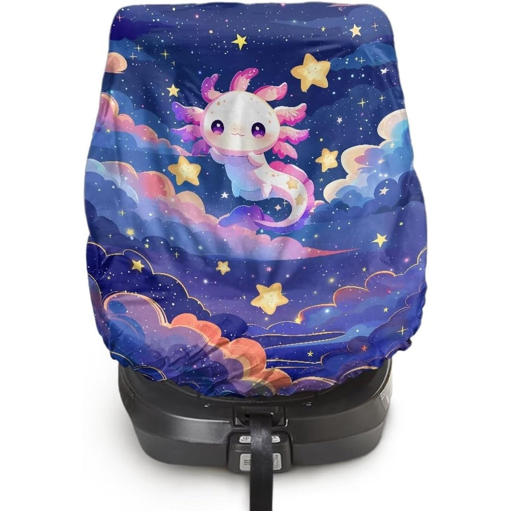 MHWGY XYZCANDO axolotl print baby car seat cover front view showing reflective silver material for summer sun protection.