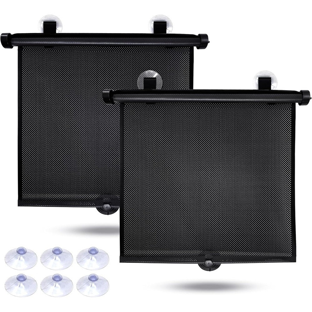 EcoNour Car Window Shades for Baby front view showing two pack retractable roller sunshades for side windows.