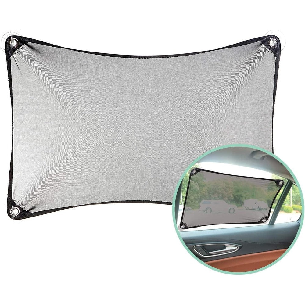 Little Chicks stretchable custom fit car window shade front view attached to a passenger window.