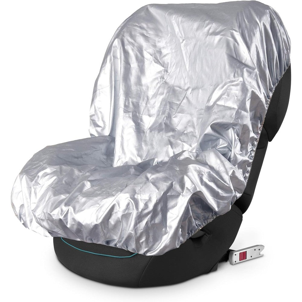 EcoNour Baby Car Seat Sun Shade Cover front view showcasing the reflective silver material over an infant seat.