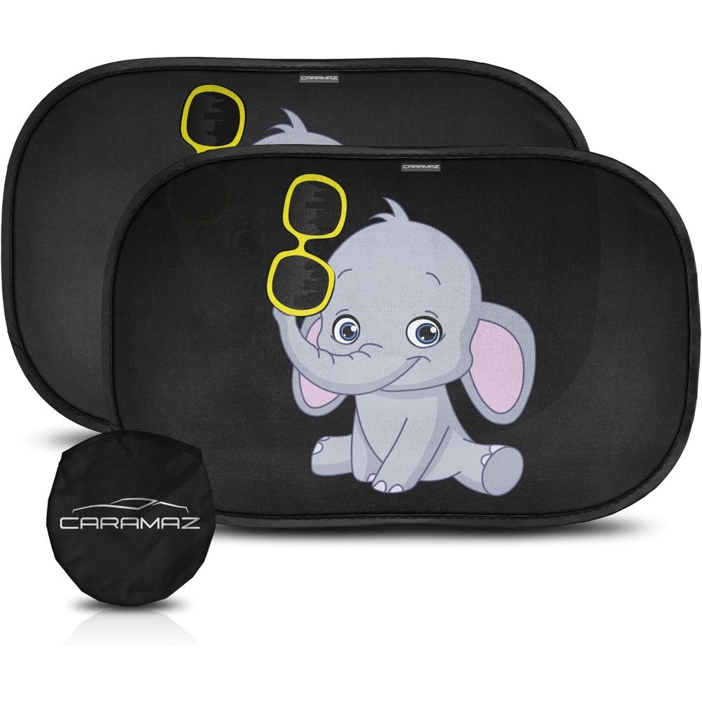 CARAMAZ car window shade for baby front view showcasing the protective black mesh screen