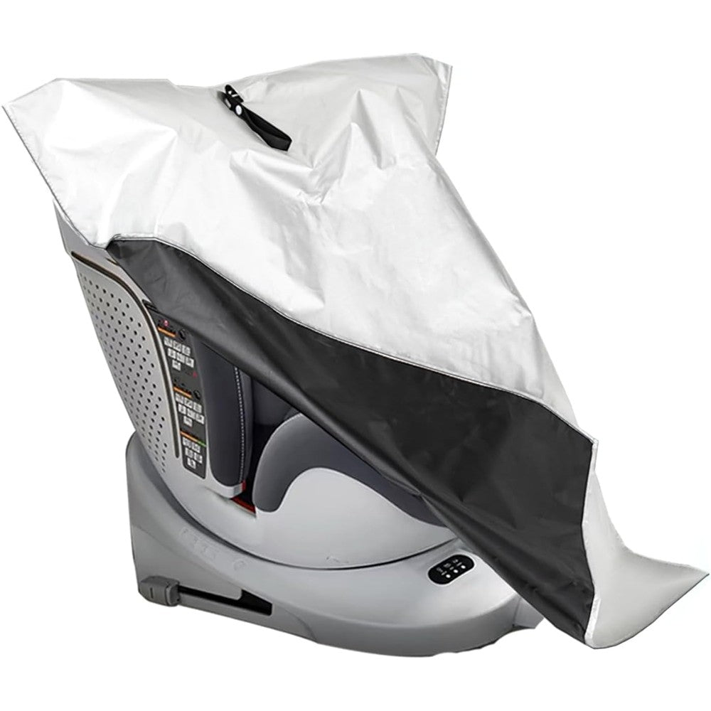 Generic car seat sun shade cover front view displaying the reflective silver material over an infant seat