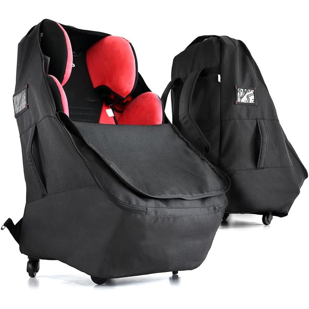 Jenen Jnzen car seat travel bag with wheels black front view showing durable water resistant polyester material.