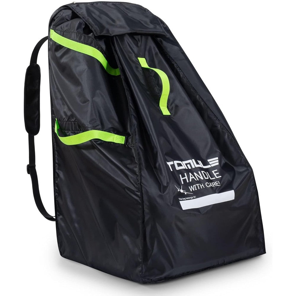 Tomule car seat travel bag front view black cover with green straps