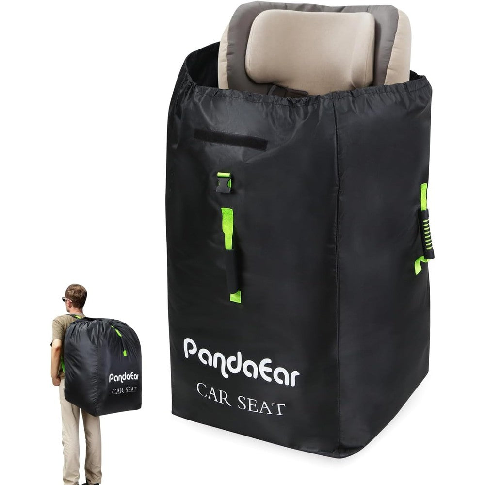 PandaEar car seat travel bag backpack front view in black with green accents