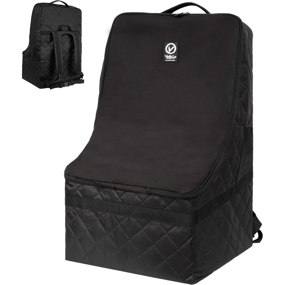 V VOLKGO extra padded car seat travel bag front view showing quilted black fabric and logo