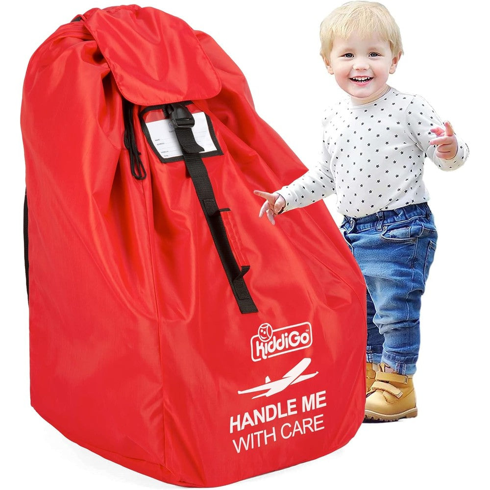 KiddiGo car seat travel bag front view in bright red color for airport gate check protection