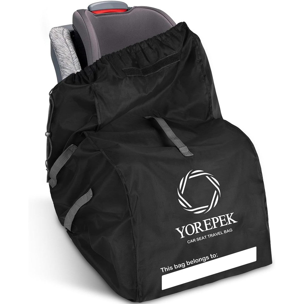 YOREPEK car seat travel bag backpack front view showing white logo and name tag slot