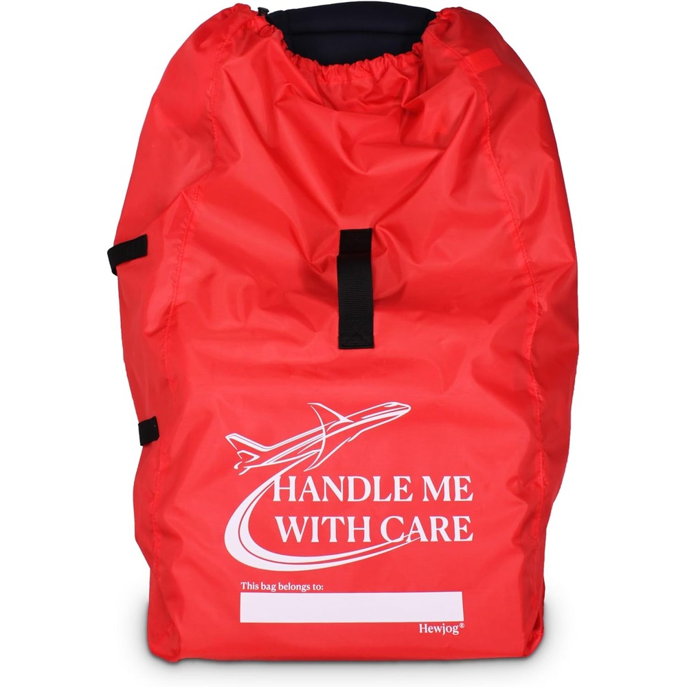 Hewjog car seat travel bag for airplane front view in bright red fabric showing handle me with care text.