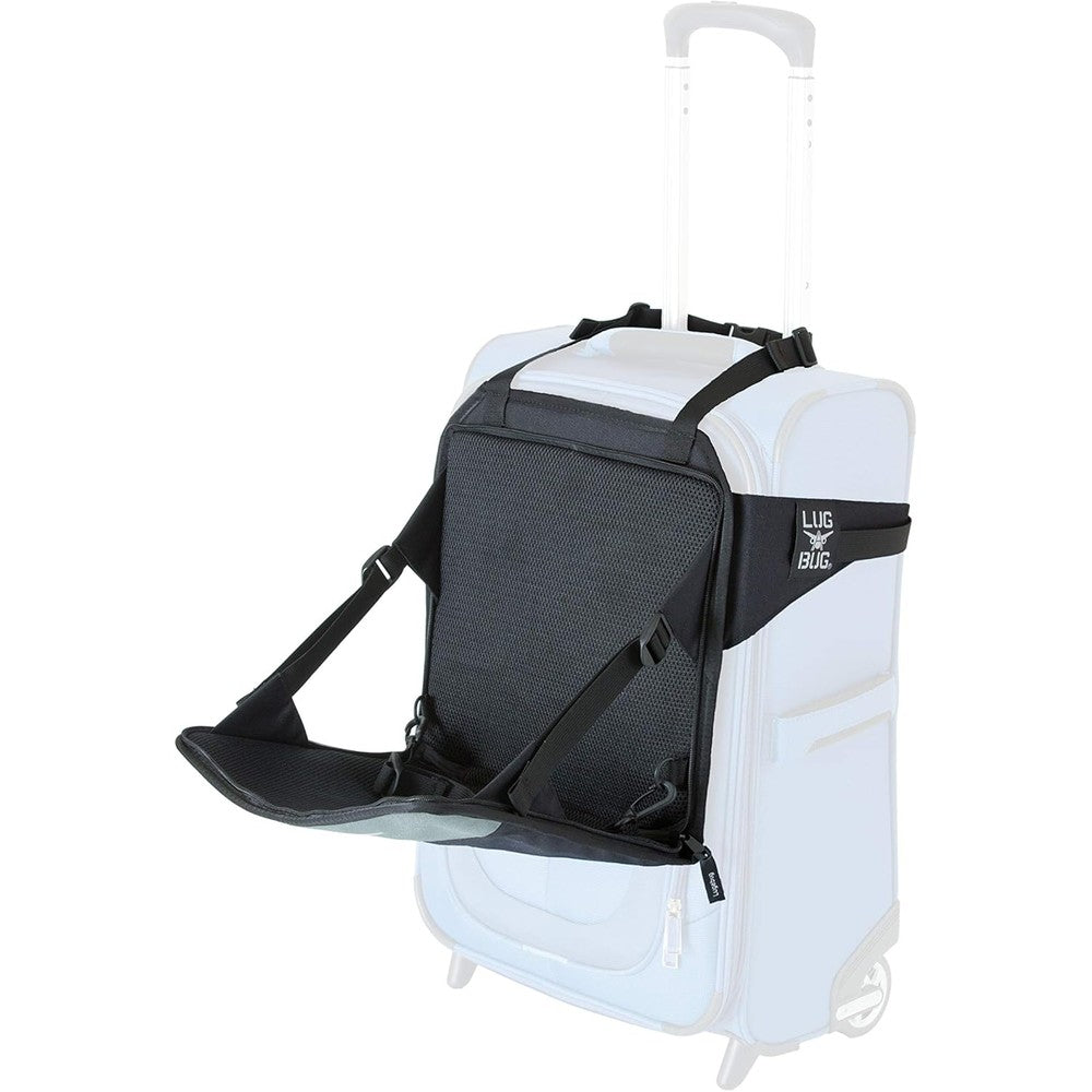Lugabug travel seat for kids black and grey front view attached to rolling luggage bag