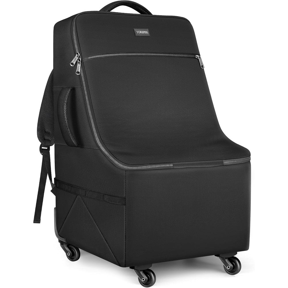 YOREPEK padded car seat travel bag with wheels front view showing black heavy duty exterior