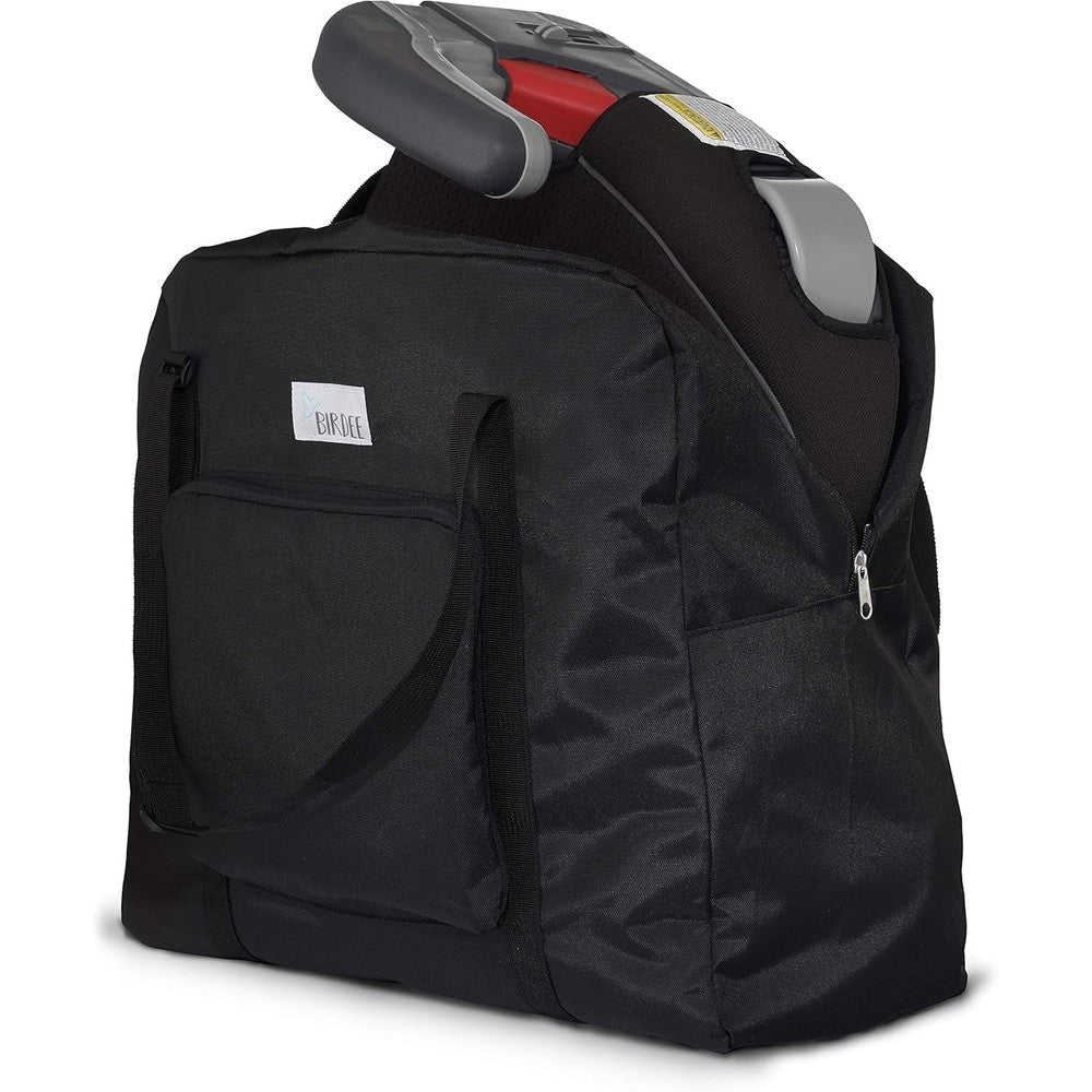 Birdee backless booster seat travel bag front view in black fabric showing white brand label.