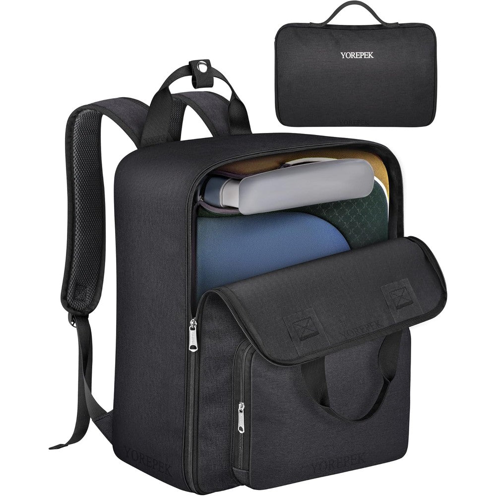 YOREPEK backless booster car seat travel bag front view showing all black premium fabric design