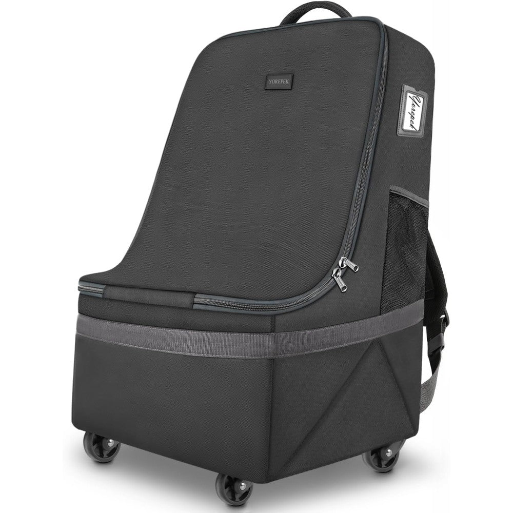 YOREPEK car seat travel bag with wheels front view showing black padded exterior