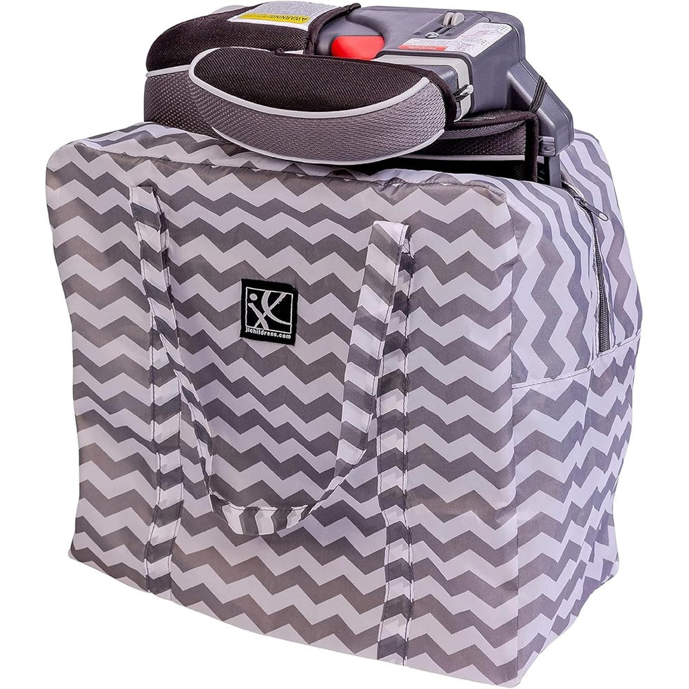 J.L. Childress Booster Go-Go Travel Bag front view showing grey and white chevron pattern.