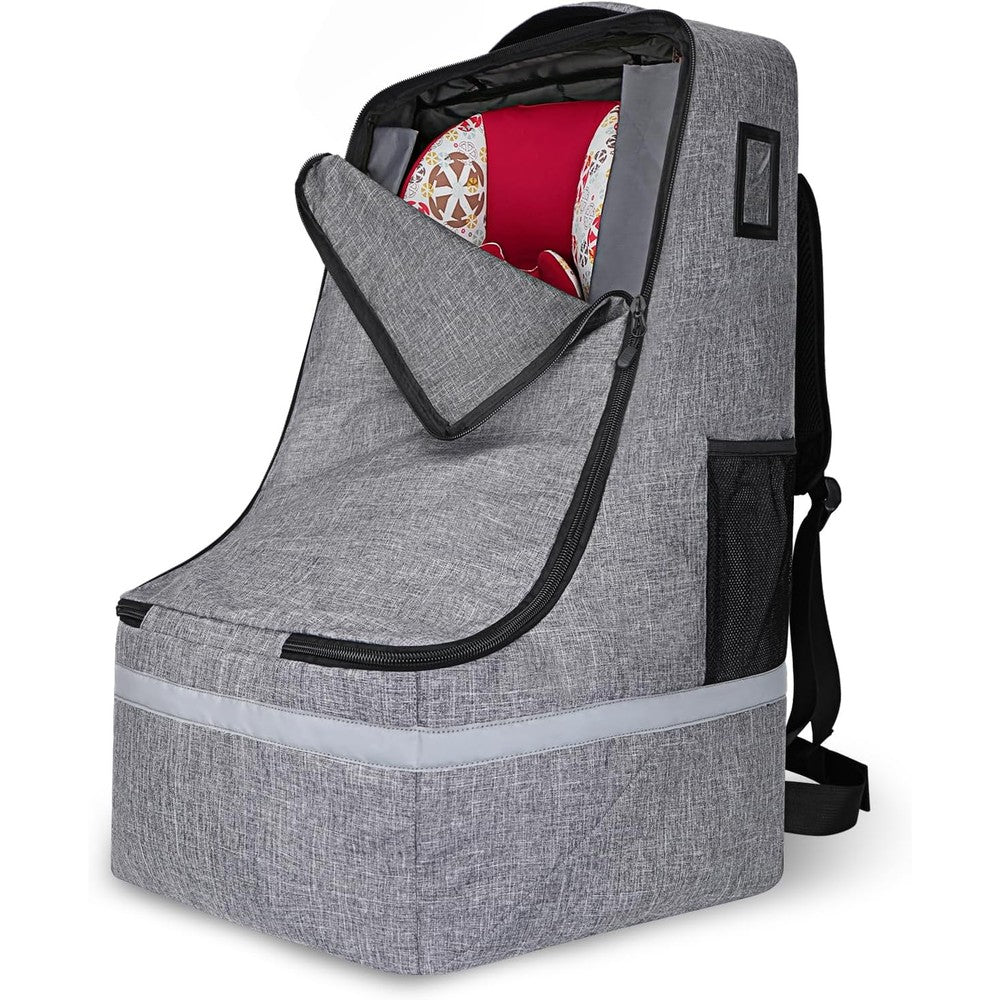 LARIPOP car seat travel bag front view showing grey padded backpack design for airplanes.