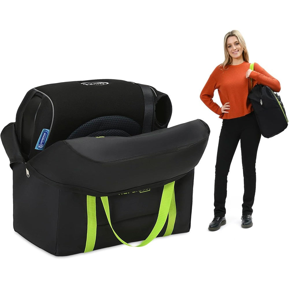 ReperKid booster seat travel bag front view in black and green.