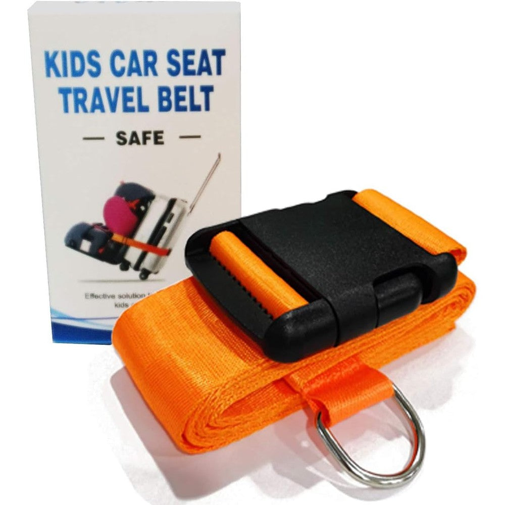 GUCHO car seat travel belt to suitcase orange color front view showing heavy duty buckle