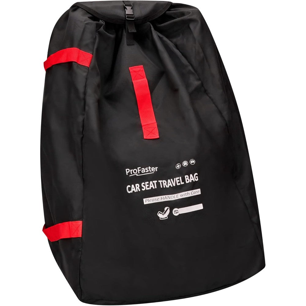 ProFaster car seat travel bag backpack front view in black with distinctive red accent straps.