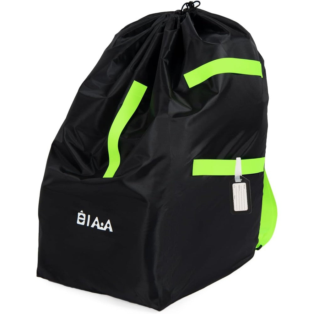 Elaia Car Seat Travel Bag front view showing waterproof black fabric and bright green safety straps.